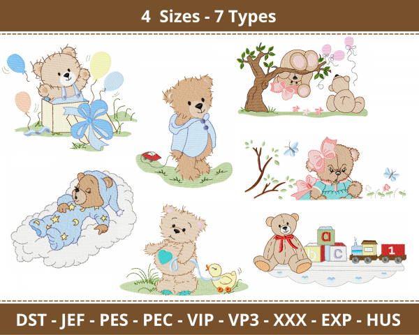 Teddy Bear Embroidery Design Bundle - Machine Embroidery Pattern- 4 Sizes - 7 Types  – Instant Download Machine Embroidery Designs