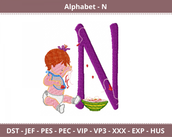 Alphabet With Children Letter N Embroidery Design - Machine Embroidery Pattern - Instant Download Machine Embroidery Designs