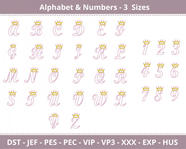 Alphabet & Numbers With Crown  Embroidery Design  Bundle - Font - Monogram - Numbers - Machine Embroidery - 3 Sizes - Instant Download Machine Embroidery Designs