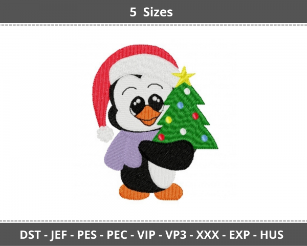 Penguin With Christmas Embroidery Design - Machine Embroidery Pattern - 5 Sizes - Instant Download Machine Embroidery Designs