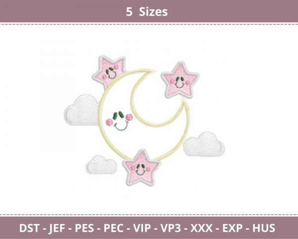 Moon With Stars Embroidery design - Machine Embroidery pattern - 5 Sizes - Instant Download Machine Embroidery Designs