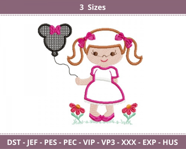 Girl Holding Mickey Balloon Embroidery Design - Machine Embroidery Pattern - 3 Sizes - Instant Download  Machine Embroidery Designs
