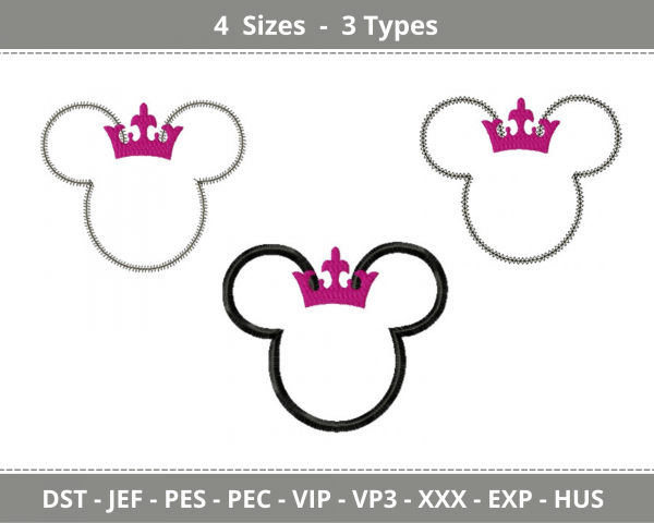 Mouse Princess Embroidery Design - Machine Embroidery Pattern - 4 Sizes - 3 Types - Instant Download Machine Embroidery Designs