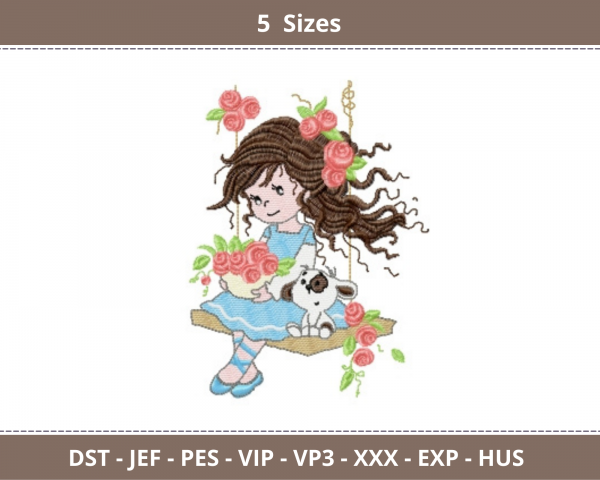 Barbie Girl With Flowers & Puppy Embroidery Design - Machine Embroidery Pattern - 5 Sizes - Instant Download Machine Embroidery Designs
