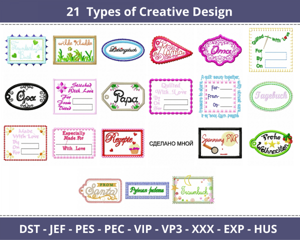 Creative Tag Embroidery Design - machine Embroidery Pattern - 21 Types - Instant Download Machine Embroidery Designs