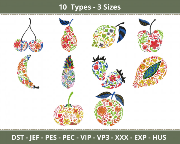 fruits Embroidery Design - Machine Embroidery pattern - 10 Types - 3 Sizes - Instant Download Machine Embroidery Designs