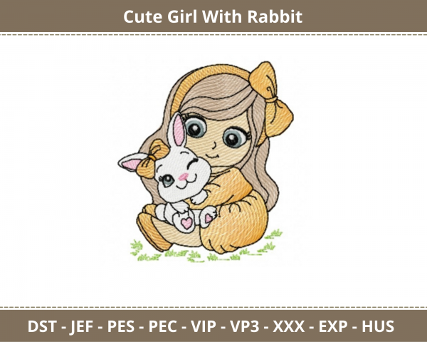 Cute Girl With Rabbit Embroidery Design - Machine Embroidery Pattern - Instant Download Machine Embroidery Designs