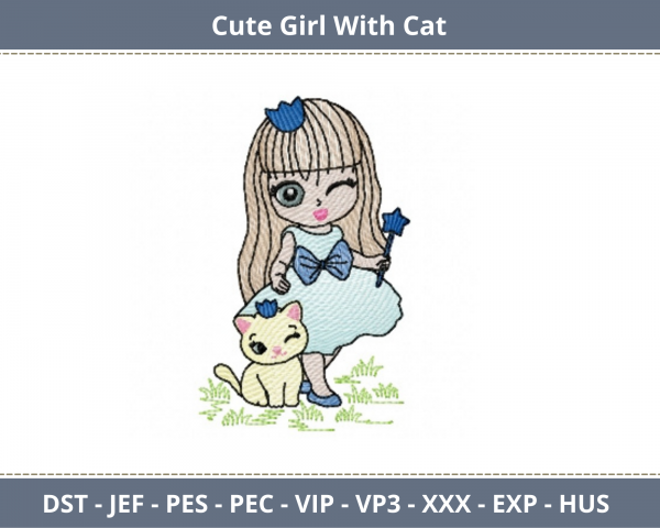 Cute Girl With Cat Embroidery Design - Machine Embroidery Pattern - Instant Download Machine Embroidery Designs
