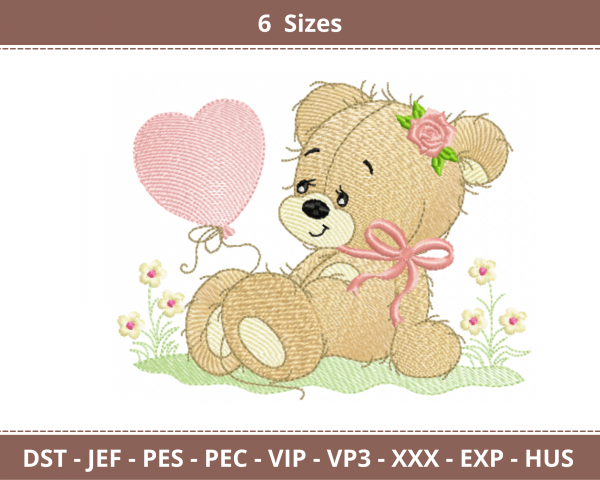 Teddy Bear With Balloon Embroidery Design - Machine Embroidery Pattern- 6 Sizes – Instant Download Machine Embroidery Designs